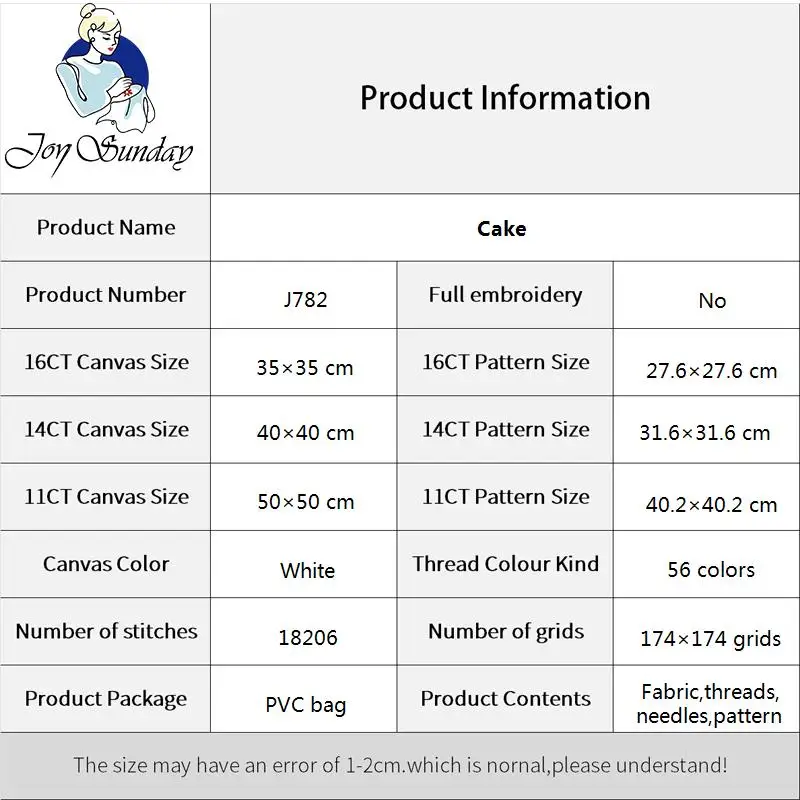 Joy Sunday Still Life Cake Pattern Cross Stitch Complete Set With Material Handmade DMC 11CT 14CT 16CT Needlework Decoration