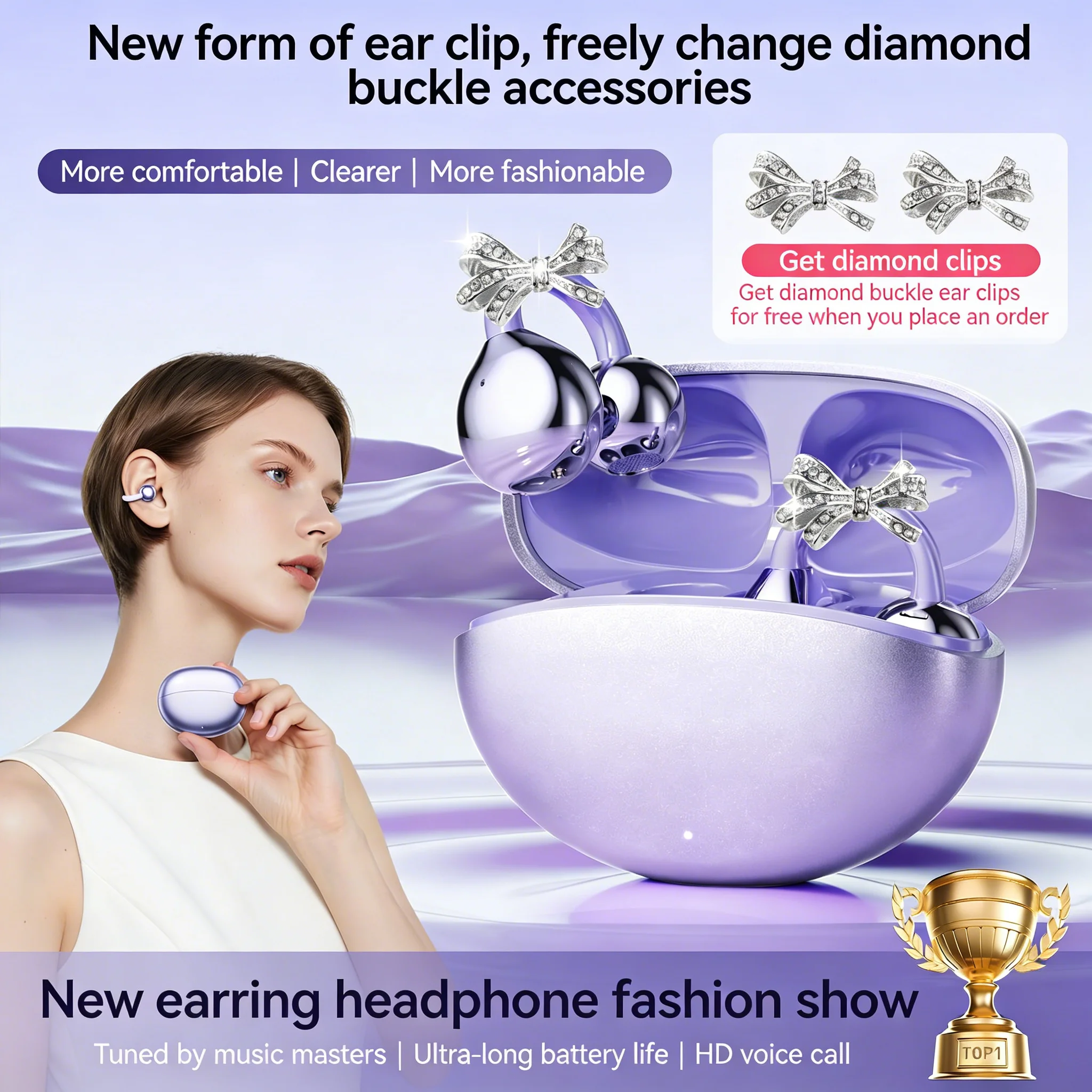 

Sparkling Bowknot Decor Wireless Bluetooth Ear-clip Earphones Open Ear Lightweight Comfort HiFi Stereo for Girls Women Gift
