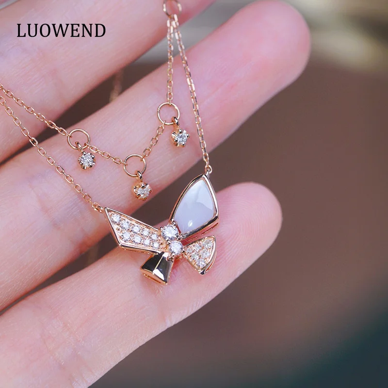 LUOWEND 18K Rose Gold Necklace Gentle Butterfly Shape 0.30carat Real Natural Diamond Pendant Necklace for Women Birthday Gift