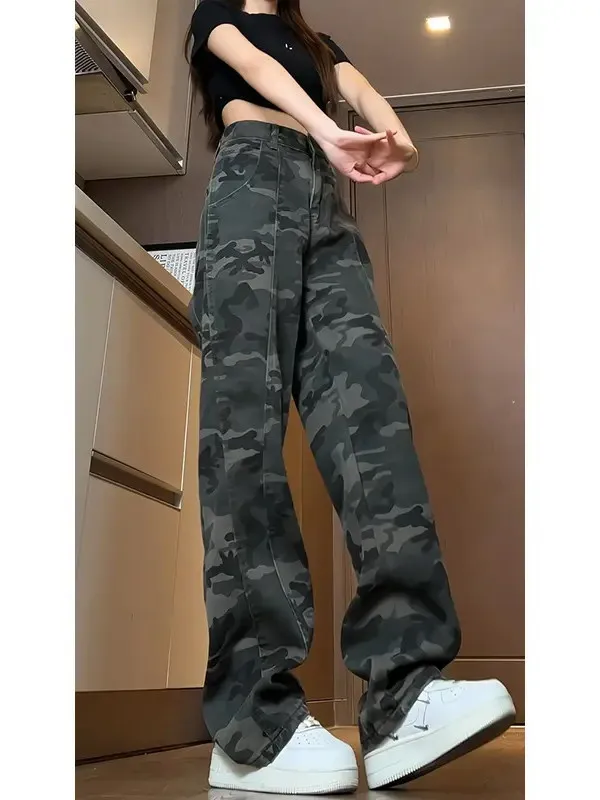 

American Functional Camouflage Workwear Jeans Men's Spring New Loose Straight Tube Cool Sle Long Cotton Polyester Blend