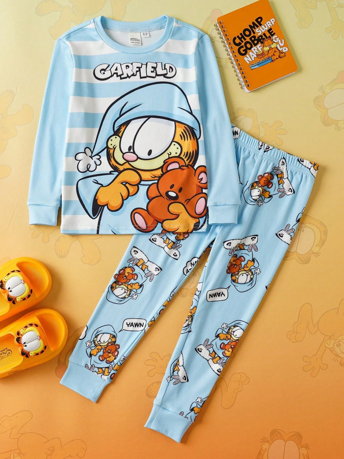 GARFIELD 2pcs/Set Striped Long Sleeve Top And Cute Cat & Teddy Bear All-Over Print Pants Pajama Set