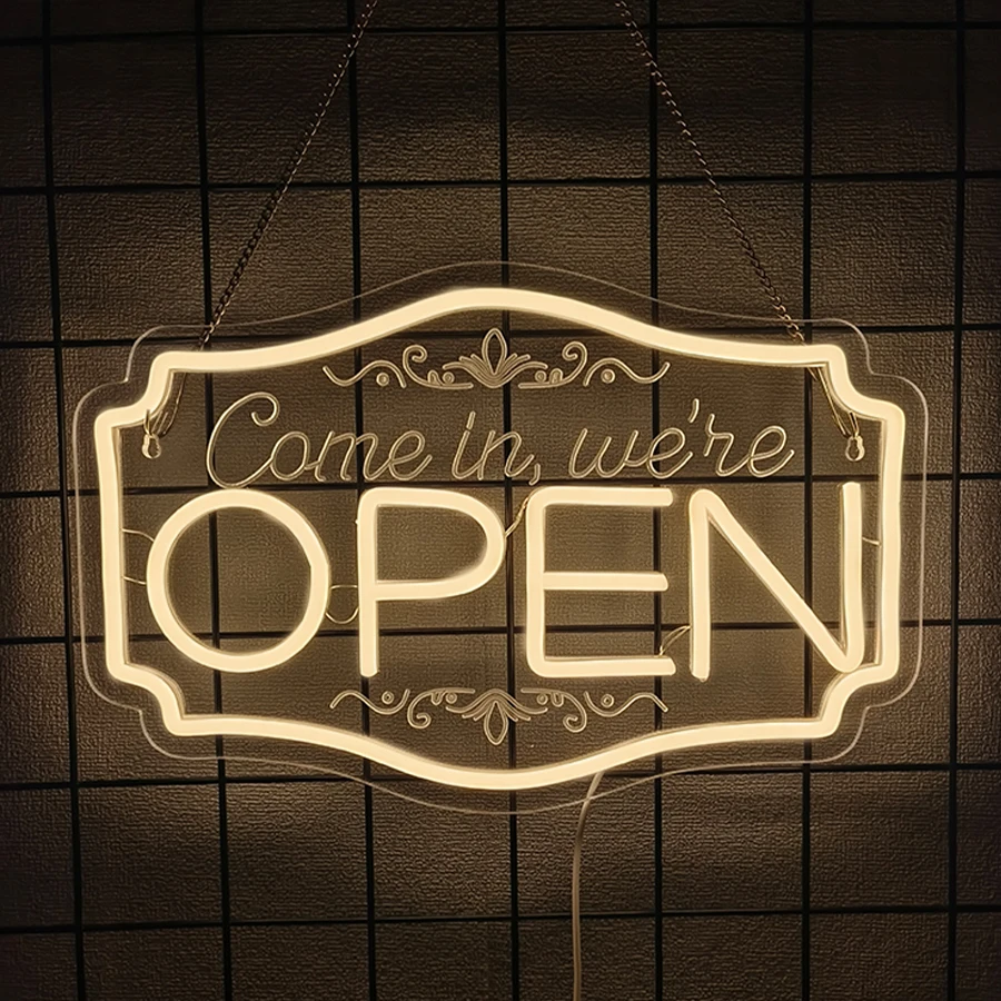 Come In, We'Re Open Led Neon Sign, 3D Carved Letter Icon Business Signboard, Coffee Shop, Hotel, Bar, Club And Restaurant Decor.