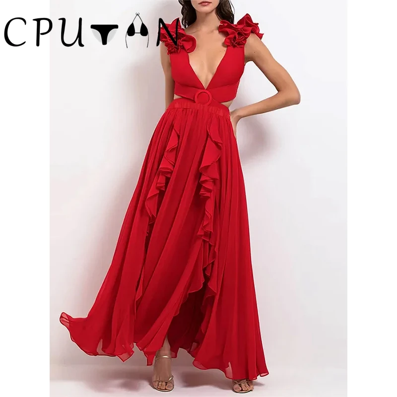 CPUTAN 2024 Red Ruffle Bikini Set With Cover Up Luxury Swimsuit Women Push Up Swimwear High Waist Monokini Brazylijski kostium kąpielowy