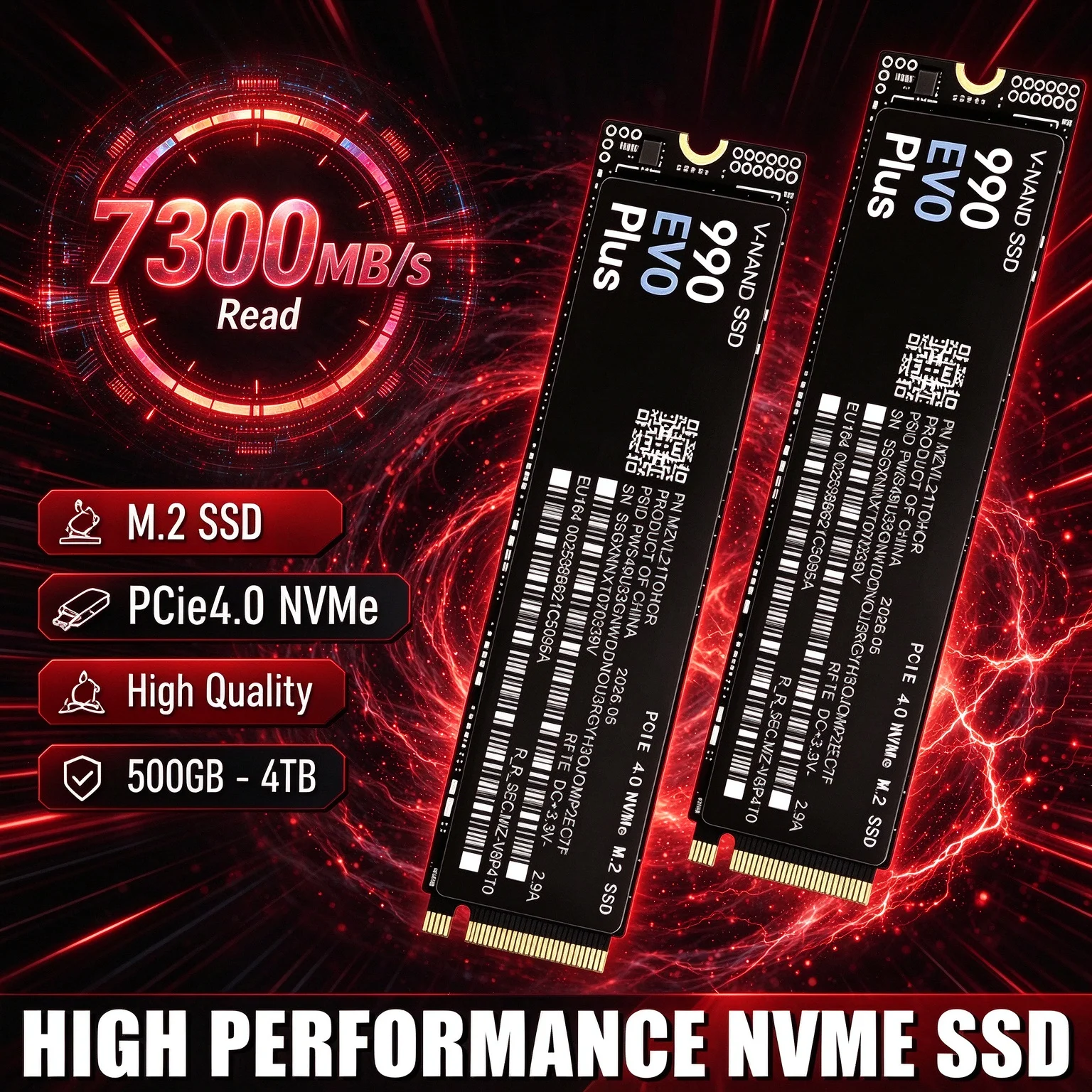 PCIe 4.0 990 EVO Plus Internal SSD 500GB to 4TB M.2 2280 NVMe 7300MB/s TLC 3D NAND Solid State Drive for Gaming Desktop PS5