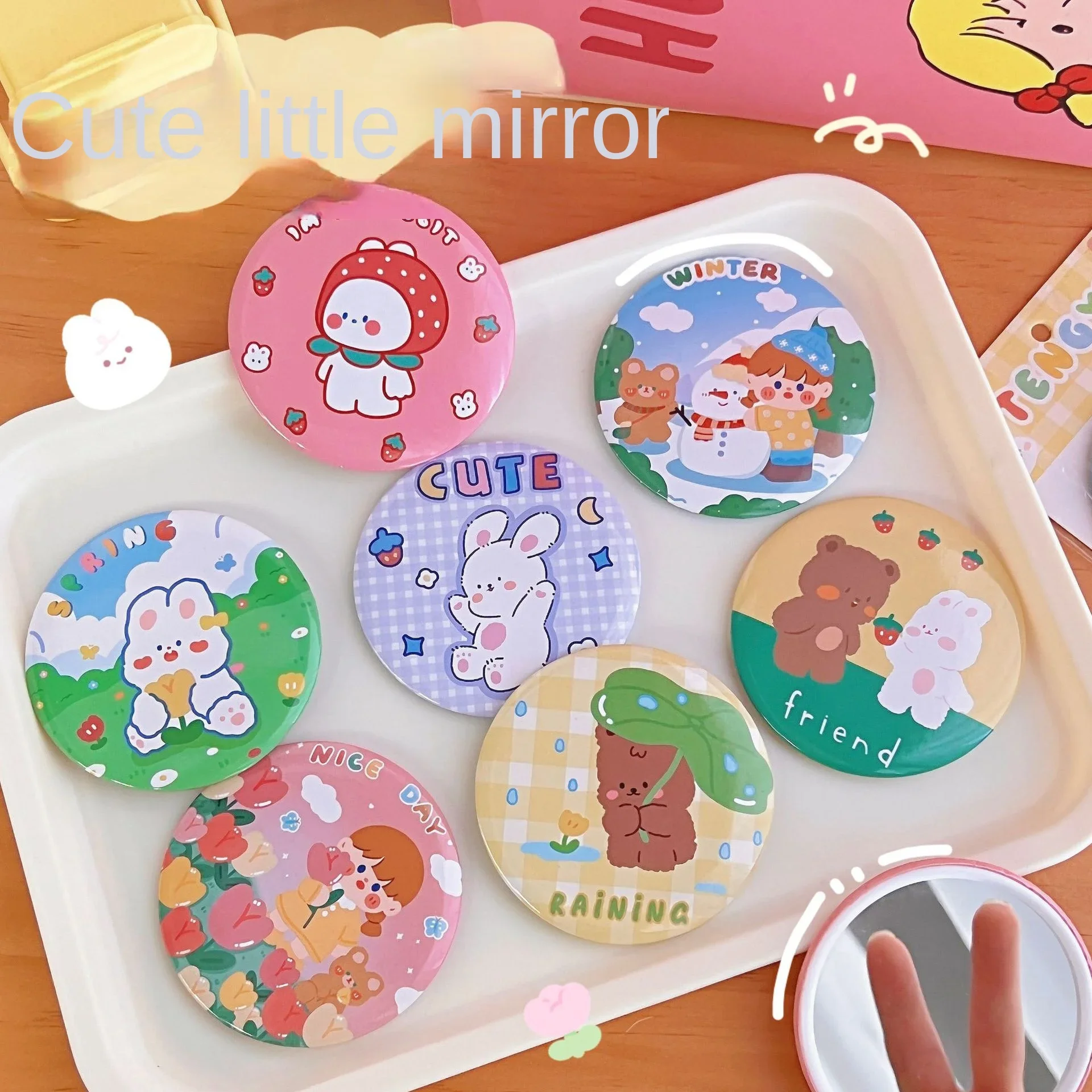 Cute Cartoon Small Makeup Mirror Portable Travel Women Girls Makeup Mini Round Mirror Kawaii Compact Single-sided Makeup Mirror