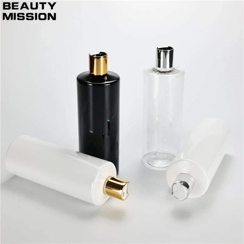 

BEAUTY MISSION 500ml x 12 white clear black empty plastic shampoo bottle with gold silver disc top cap 17oz PET body wash bottle