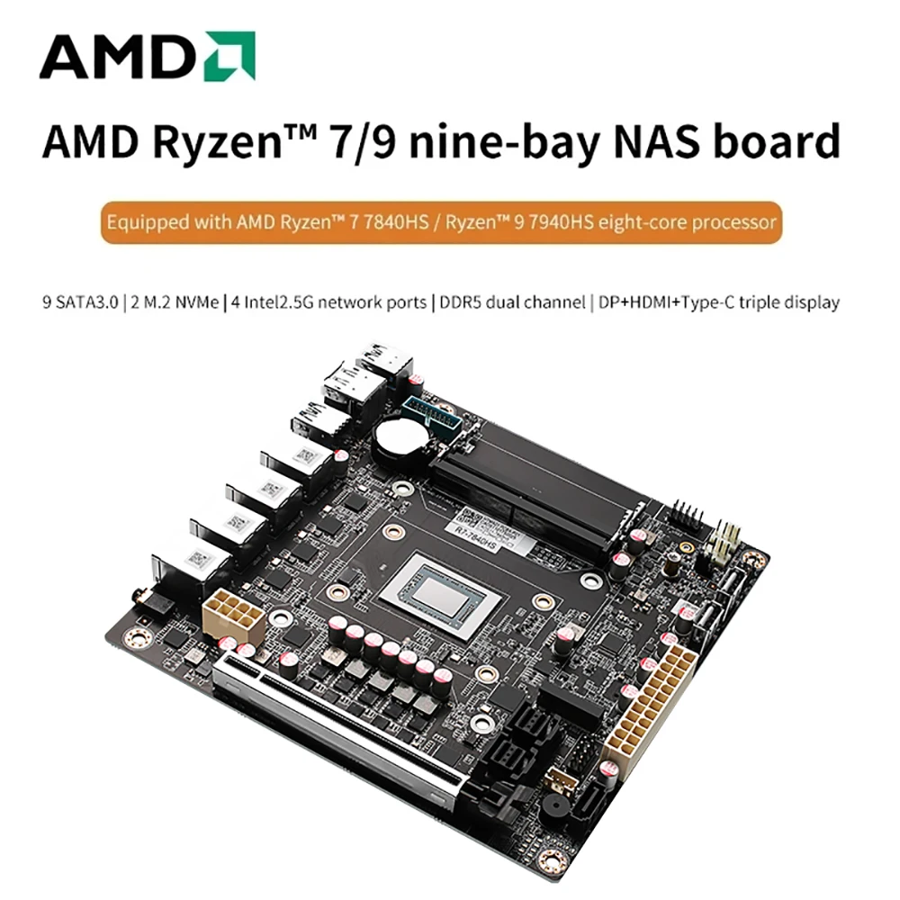 Imagem -02 - Placa-mãe Amd Ryzen 7940hs Armazenamento Itx Nas 9-bay Lan 2.5g 4x I226-v 2xnvme 2x16gb Ddr5 5600mhz Roteador Suave