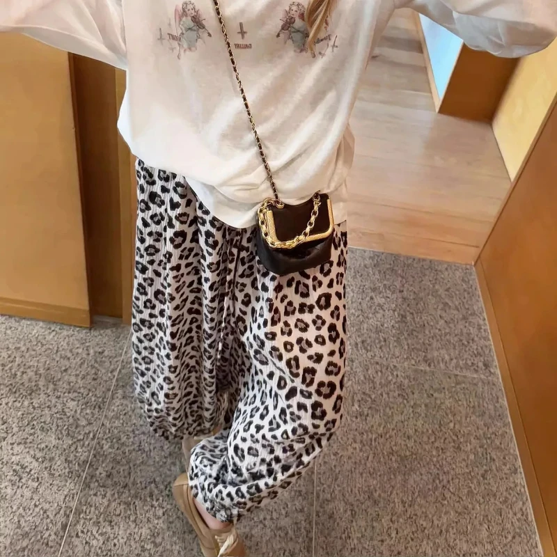 Women Summer Loose Casual Elastic Waist Pants Fashion Commute Leopard Print Wide-leg Pants Women's Lantern Pants Baggy Clothing
