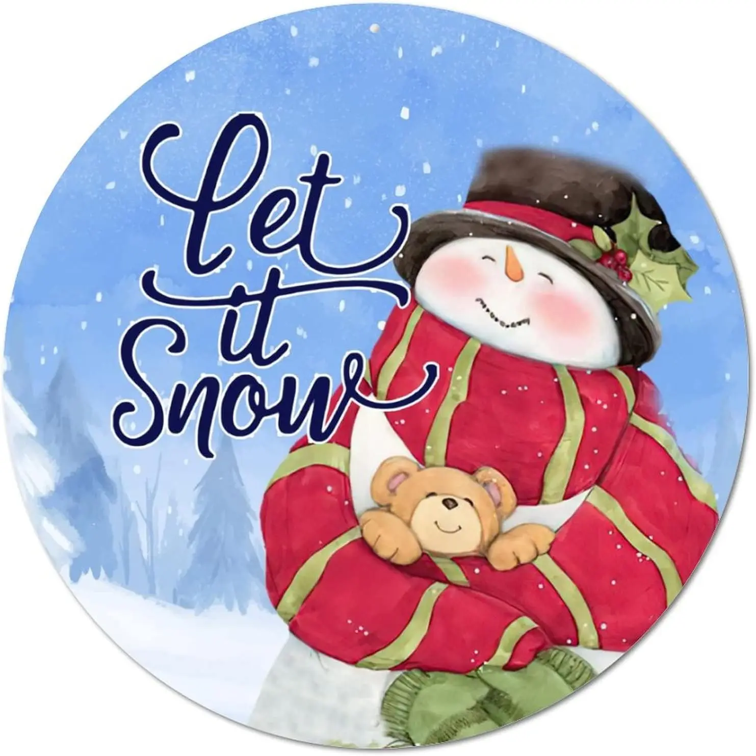 Christmas Snowman Let It Snow Vintage Round Metal Tin Sign Plaque Circle Metal Art Prints Sign Classic Home Door Sign