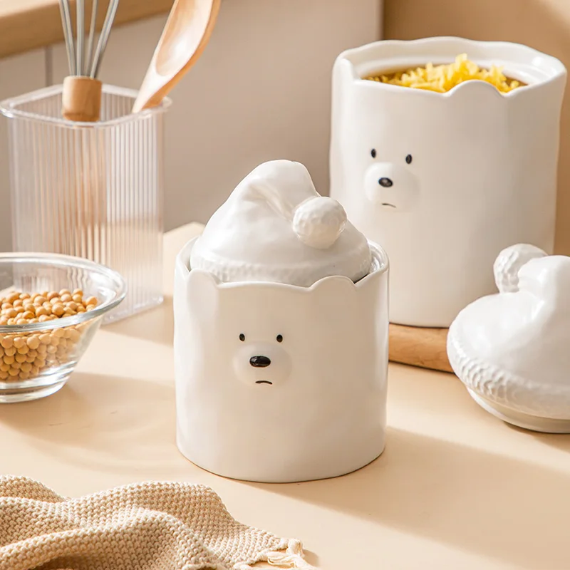 

White Ceramic Bear Storage Jar Food Grains Dried Fruit Storage Jar Moisture-proof Snacks Storage Jar Kitchen Accessories 750ML