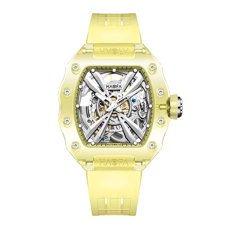 Haofa Luxury Transparent Crystal Automatic Mechanical Watches for Men Middle Size Wristwatch Hollowing Waterproof Luminous 2302