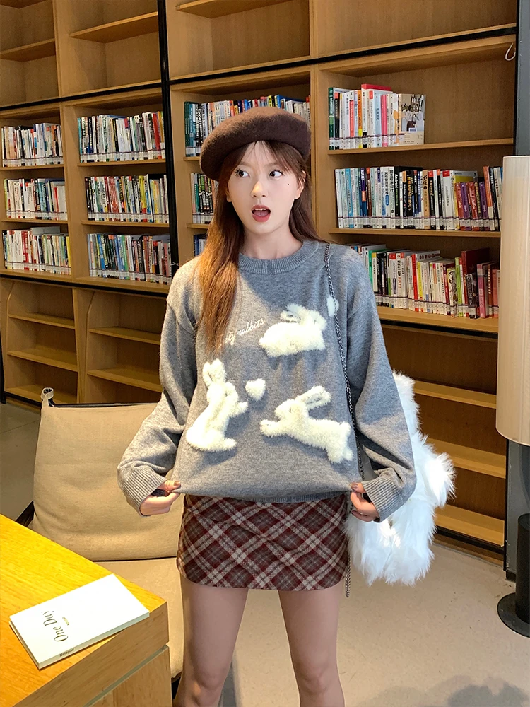 Sweet Sle round Ne Knitted Sweater ort Loose Animal Design Overhead Salted Plum JK Rabbit Cute Top for Women Winter 2024