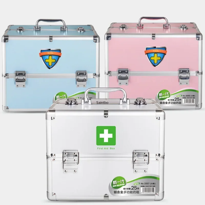 Double open medicine box aluminum alloy belt lock large and medium size multi-layer household medicine receiving box