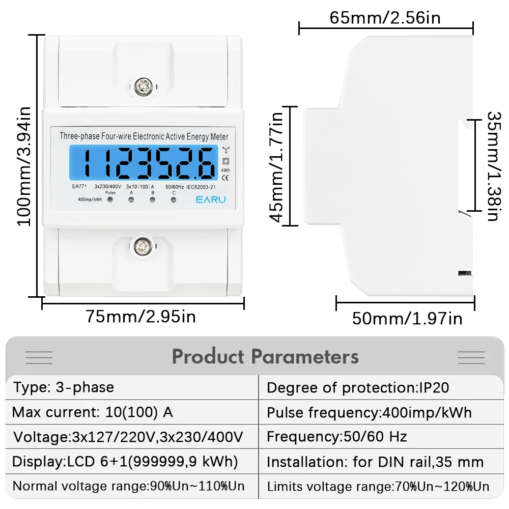 4P 3 Phase 4 Wires BI-Direction Measuring Energy Meter Electricity Usage Meter Din Rail AC 3*230/400V LCD Multifunction Display image 3