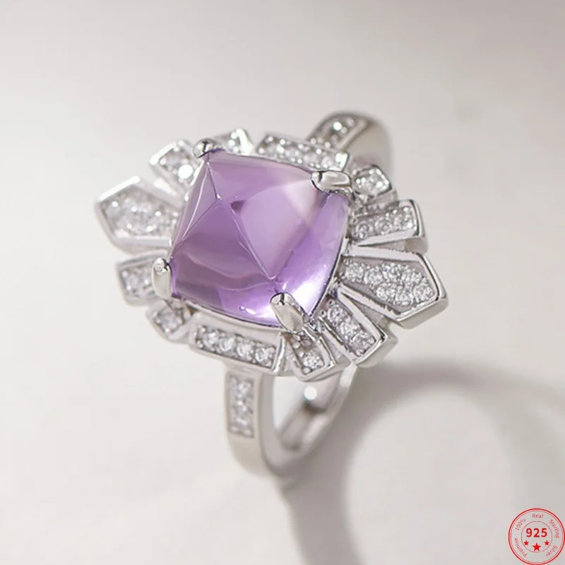 

S925 Sterling Silver Charms Rings for Women New Fashion Geometry Micro Zircon Super Sparkling Amethyst Jewelry Free Shipping