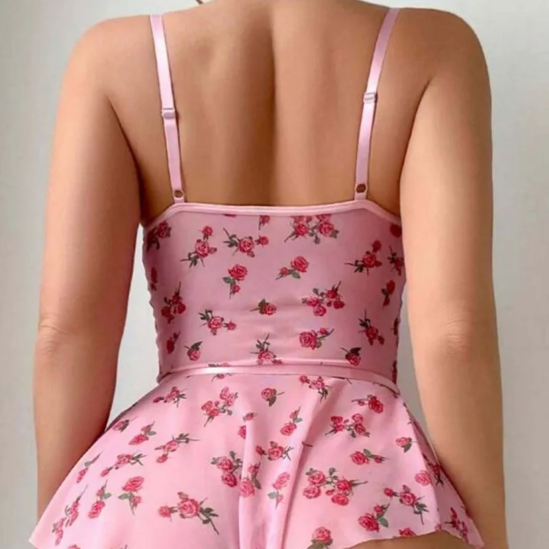 Bikini Bowknot Patchwork Lace Mesh Printed Backless See-through One-piece Dress Sexy Lingerie Set