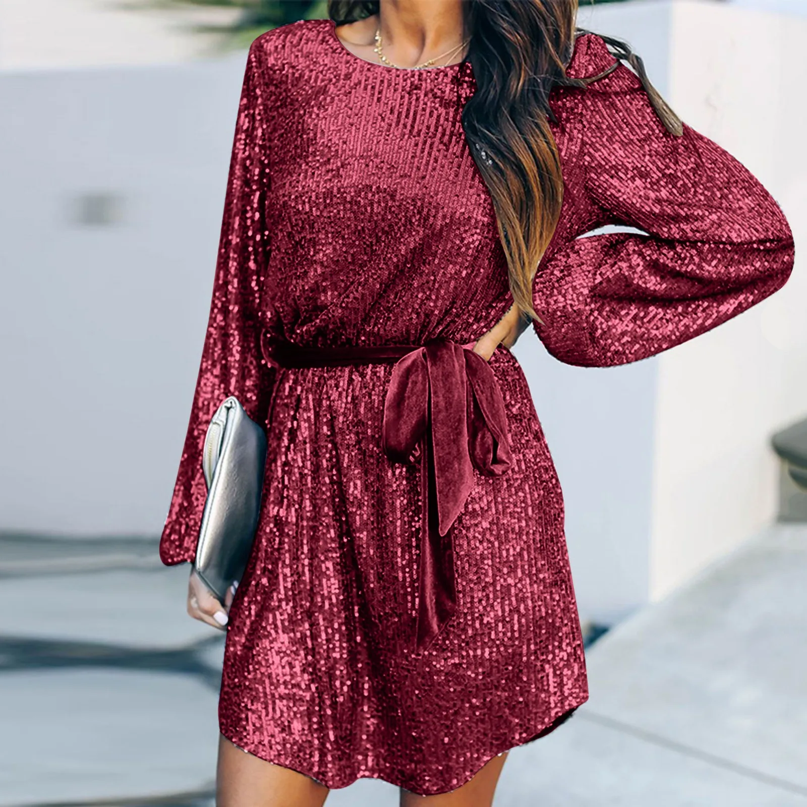 Cocktail Dresses For Women 2024 Long Sleeve Round Neck Tie Waist Glitter Sparkly Sequin Dress For Women Loose Plus Size Dresses