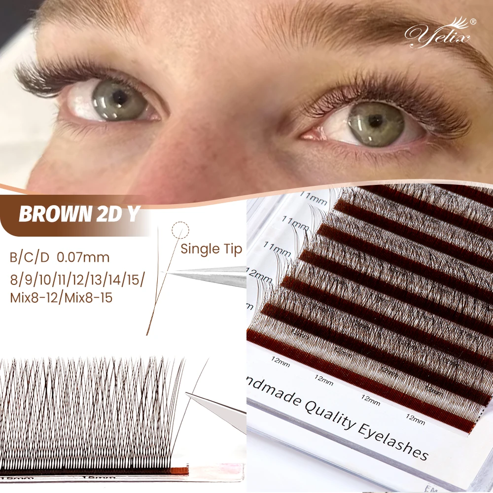Yelix Brown Y Shaped Lashes 2D Y Eyelash Extensions 12Rows Mix 8-12/8-15mm Premium False Lashes Mesh Net Cross Lash Makeup Tools