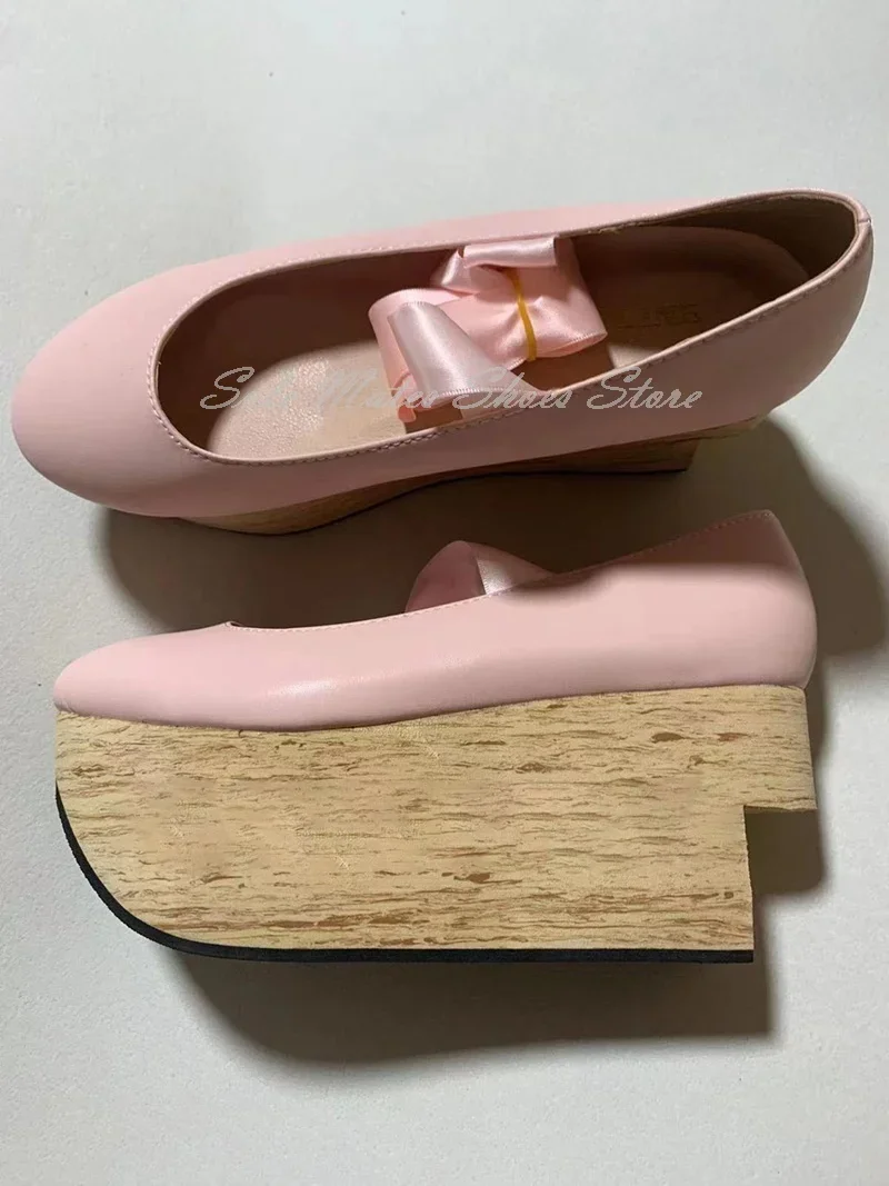 Sol Platform Serat Kayu Trendi Sepatu Wanita Ujung Bulat Sepatu Balet Tali Hak Tinggi Bawah Tebal Sepatu Kuda Goyang Buatan Tangan