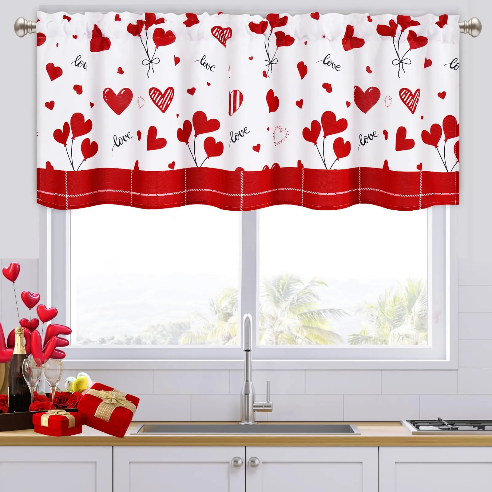 Valentines Day Curtains Valances, Pink Love Heart Anniversary Holiday Decor Red Rod Pocket Cafe Valance Short Window Curtains