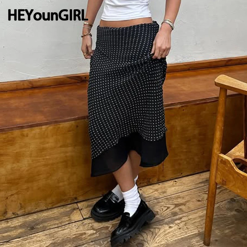 

HEYounGIRL Women Elegant Black Polka Dot Straight Skirt High Street Y2K Mesh Patchwork Long Skirt Fashion Vintage Summer Outfits