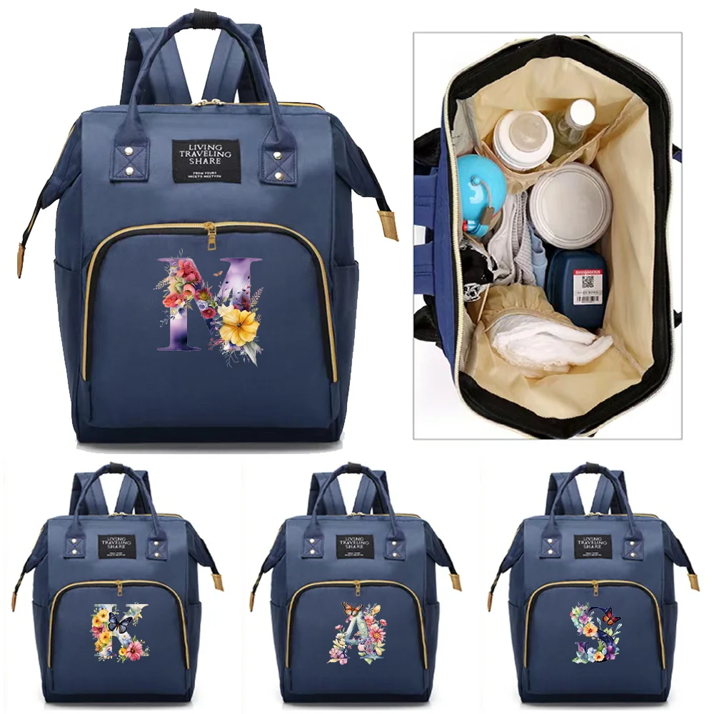 Large Capacity Mommy Pack Compartments Zipper Backpack Portable Butterfly Letter Pattern Travel Storage Shopping Bag Unisex