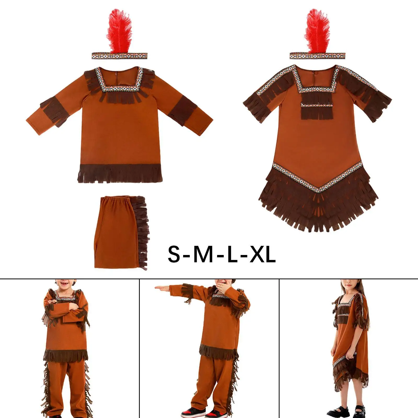 Costumi indiani con copricapo di piume per bambini, costume cosplay per bambini India