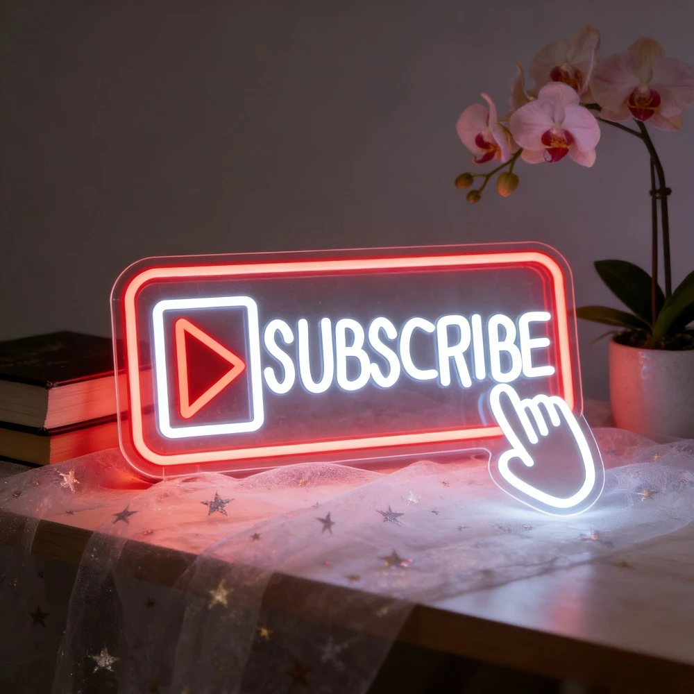 Subscribe Neon Sign LED Wall Art for YouTube Studio Content Creator Live Streaming Setup Room Decor Gaming Setup Decoration