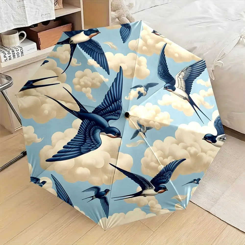 

Складной зонт с рисунком летящих ласточек и облаков. Креативный портативный складной зонт для Рождества и других праздников.