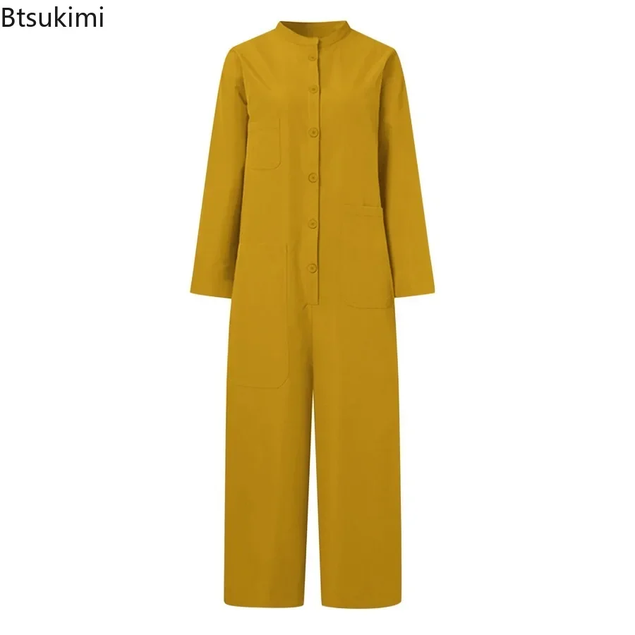 2024 Women's Casual Solid Jumpsuits Fashion Stand Collar Long Sleeve Multi Pocket Shirt Rompers Females Loose Wide Leg Overalls