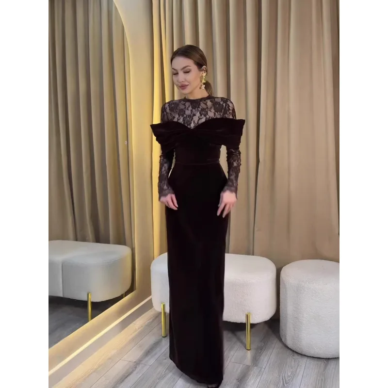 

Sheath Dress Women Vintage Long Dresses Lace Patchwork Round Collar Party Evening Maxi Gown Banquet Vestidos Spring 2026