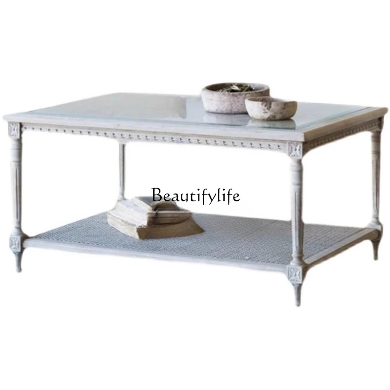 

French-style Living Room Square Solid Wood Coffee Table Vintage American-style Glass Top Tea Table