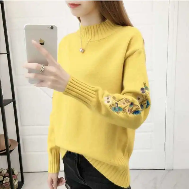 Autumn Winter New Fashion Women\'s Solid Color Half High Collar Embroidery Versatile Pullovers Sweaters Casual Long Sleeve Tops