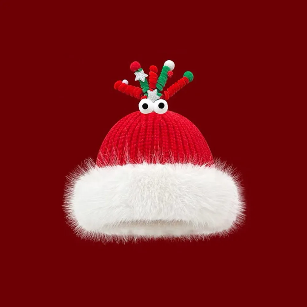 

Fashion Soft Christmas Plush Cap Antlers Plush Red Knitted Woolen Hat Snowflake Windproof Thickened Brimless Cap Women