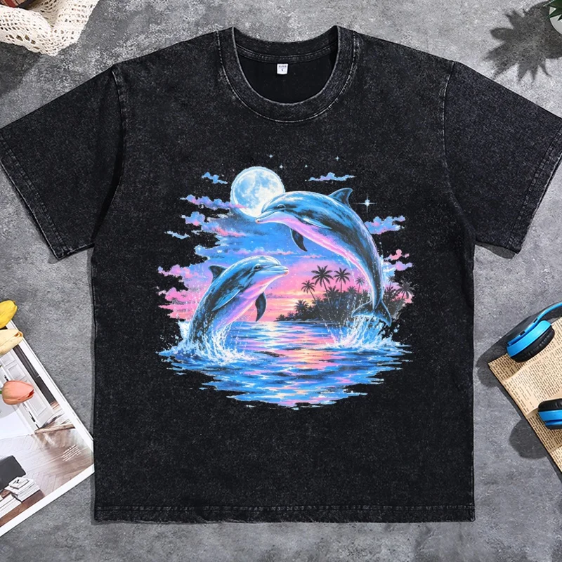 Vintage Delfin T-Shirt Retro 90er Jahre Ozean Grafik T-Shirt Küsten-Meereslebewesen Strand T-Shirt Damen Herren Vintage Gewaschenes Kurzarm-Shirt – Detail 4