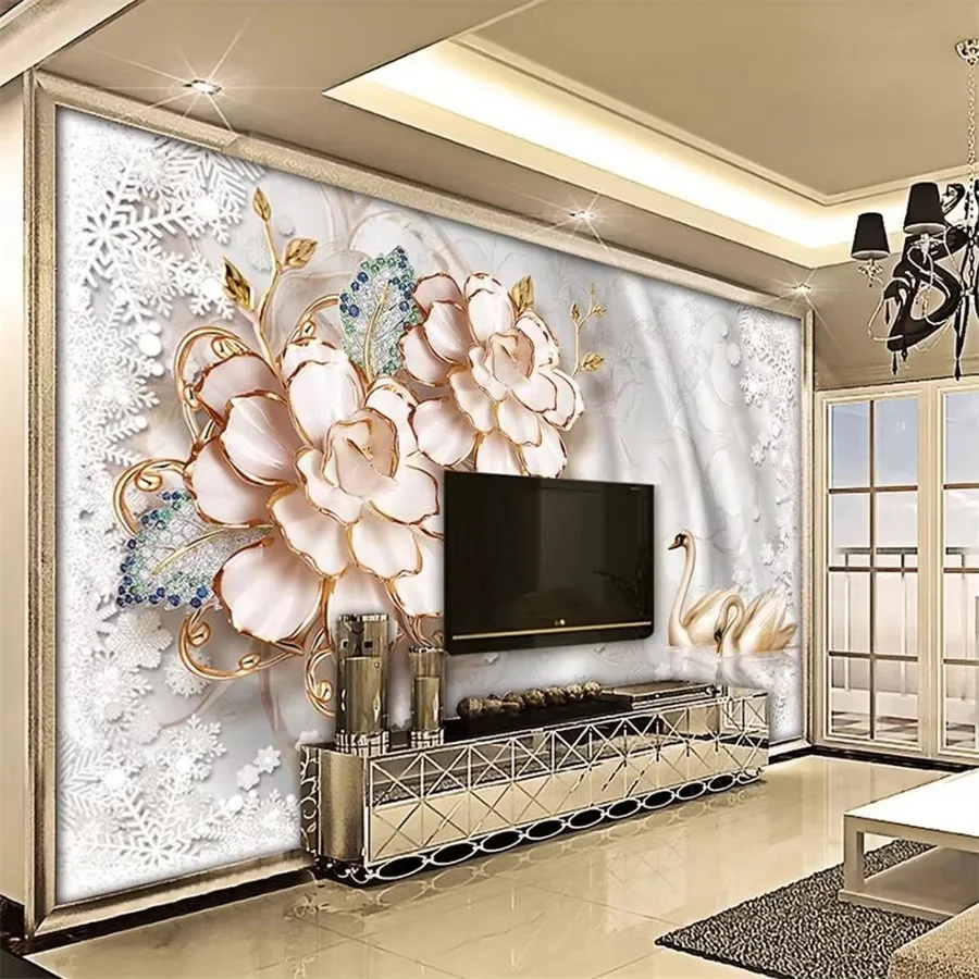 ورق حائط ثلاثي الأبعاد مخصص ورق حائط طلاء ذهبي مجوهرات زهور خلفية جميلة جدار ذهبي جميل صور خلفيات ديكور المنزل