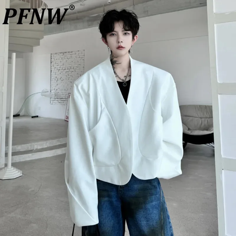 

PFNW Korean Style Men's Blazers Casual Collarless Buttonless Minimalist Big Pockets Loose Solid Color Male Suit Jackets 9C7499