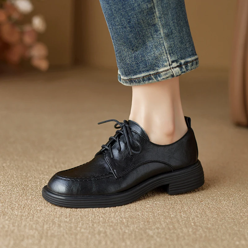 

Women’s Handmade Genuine Leather Vintage Loafers – Mid-Heel Lace-up Deep-cut Oxford Shoes