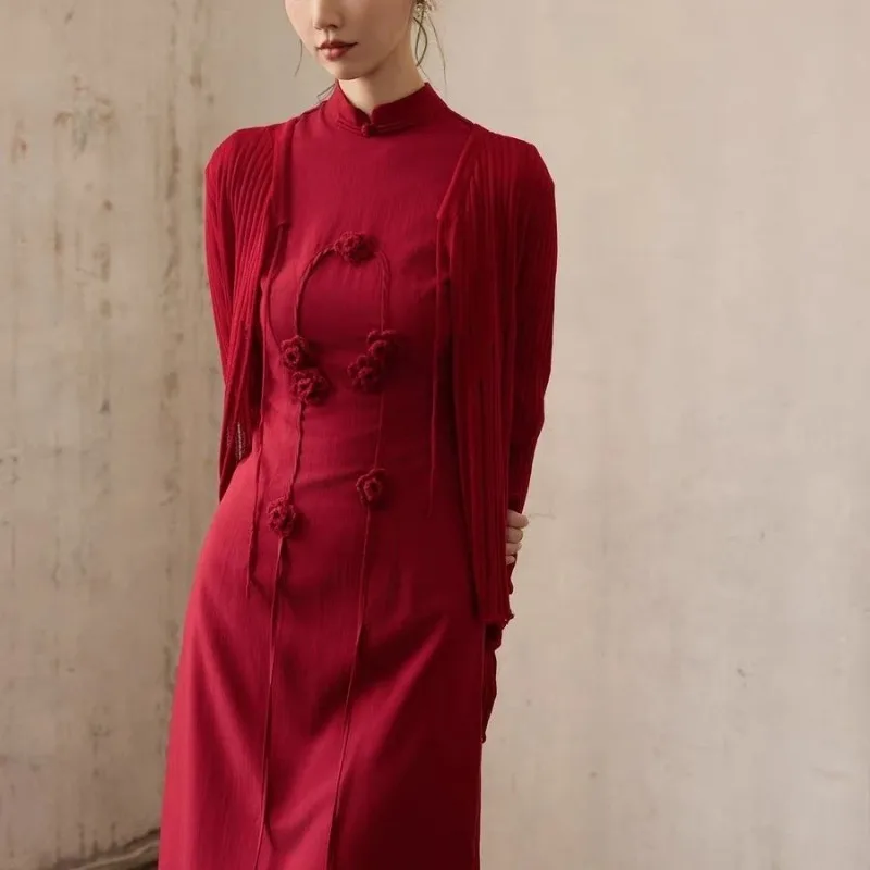 

Red Flower Five-quarter-sleeved Cheongsam Dress 2025 Autumn New Chinese Toast Dress Skirt Women