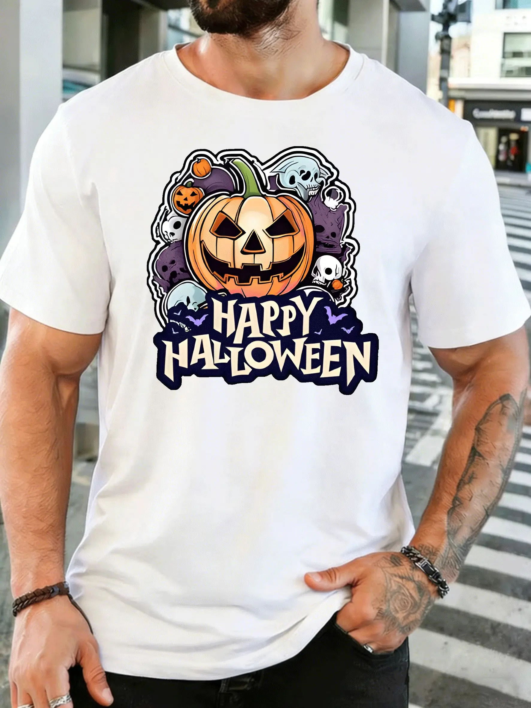 Happy Halloween Pumpkin Skull And Mens Front Print T Shirt Spooky Jack O Lantern Graphic Tee Casual Short Sleeve Top Party Gift