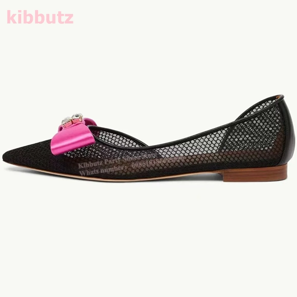 Busur kristal Mess pompa tunggal ujung runcing datar dengan dangkal Slip-On Glossy warna campuran merah muda mode seksi elegan sepatu wanita baru