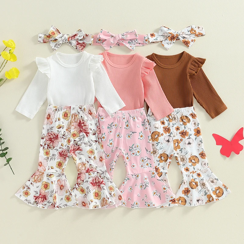 

Spring Autumn Newborn Baby Girls Clothing Sets Solid Ribbed Long Sleeve Bodysuits+Floral Print Flare Pants+Headband Outfits