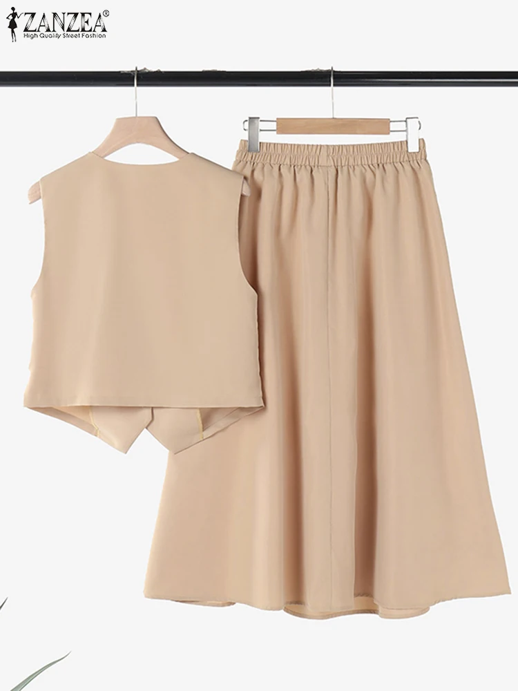 ZANZEA 2025 Summer Women Dress Sets Office Sleeveless Waistcoat Outfits Swing Skirt Two Piece Sets Casual Loose Solid Suits