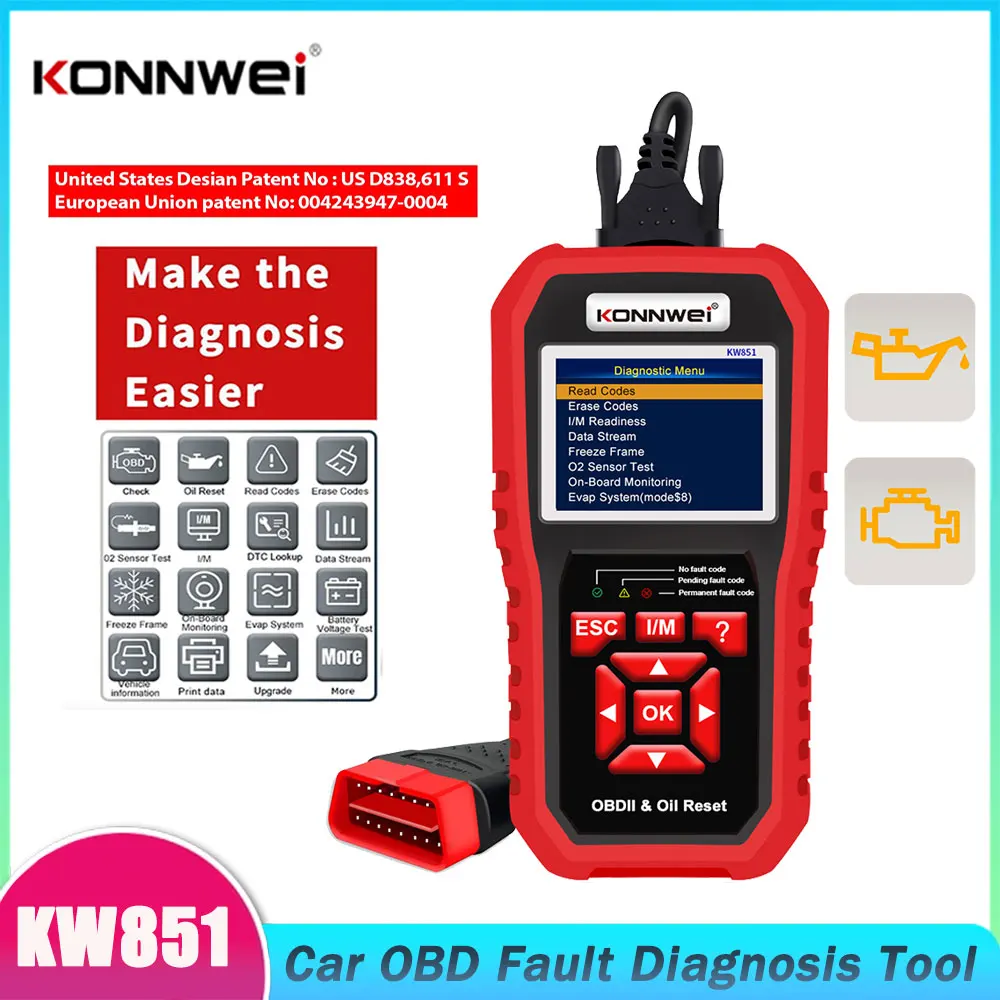 

KONNWEI KW851 Car OBD2 Diagnostic Scanner Oil Service Light Reset Read Clear Codes O2 Sensor Tester I/M Diagnostic Tool