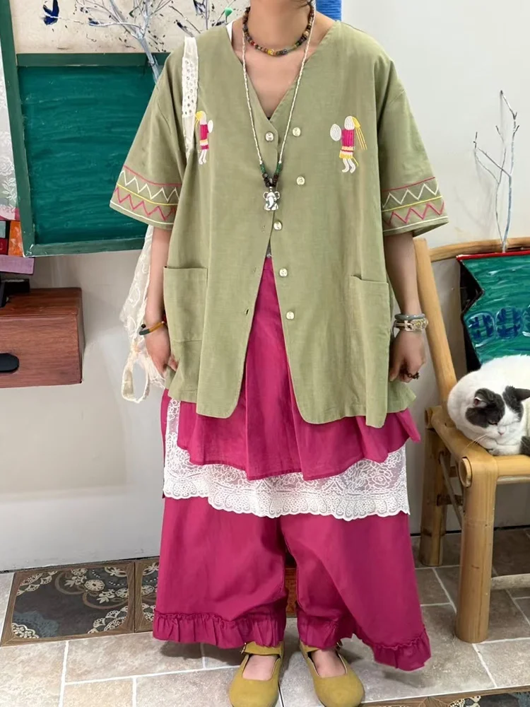 

Летняя японская блузка-жакет белого цвета с вышивкой, V-образным вырезом, больших размеров, женская модная верхняя одежда