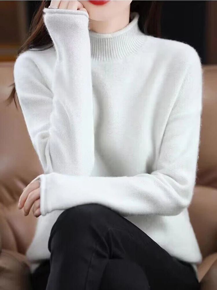 Autumn Winter New Woolen Sweater Women Half High Collar Jumpers Solid Warm Cashmere Woman Sweater Casual Knitted Basic Pullovers