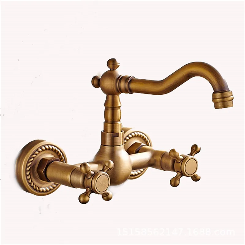 

European style all copper home decoration antique style simple wall in kitchen faucet, rotatable kitchen sink hot and cold fauce