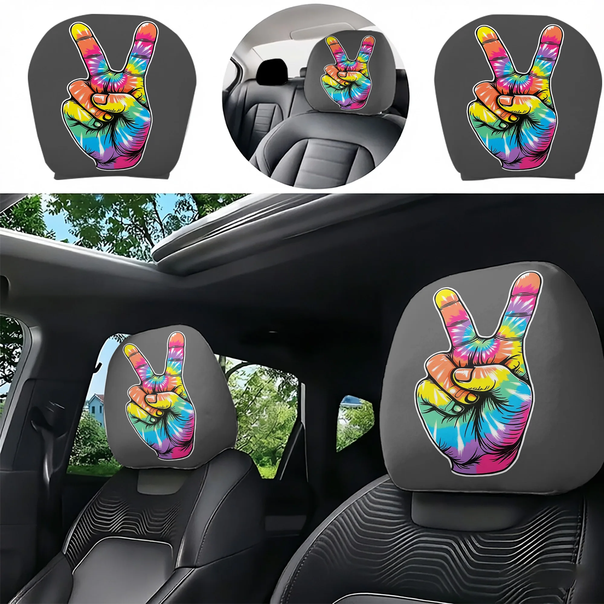 2pcs tie-dye hand gesture car headrest covers to add a splash of vibrant color to your car interior. Filling not included. Easy