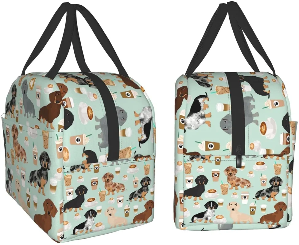 Cute Colored Coffee Dachshund Reusable Insulated Lunch Bag Cooler Tote Box Container with Front Pocket for Woman Man