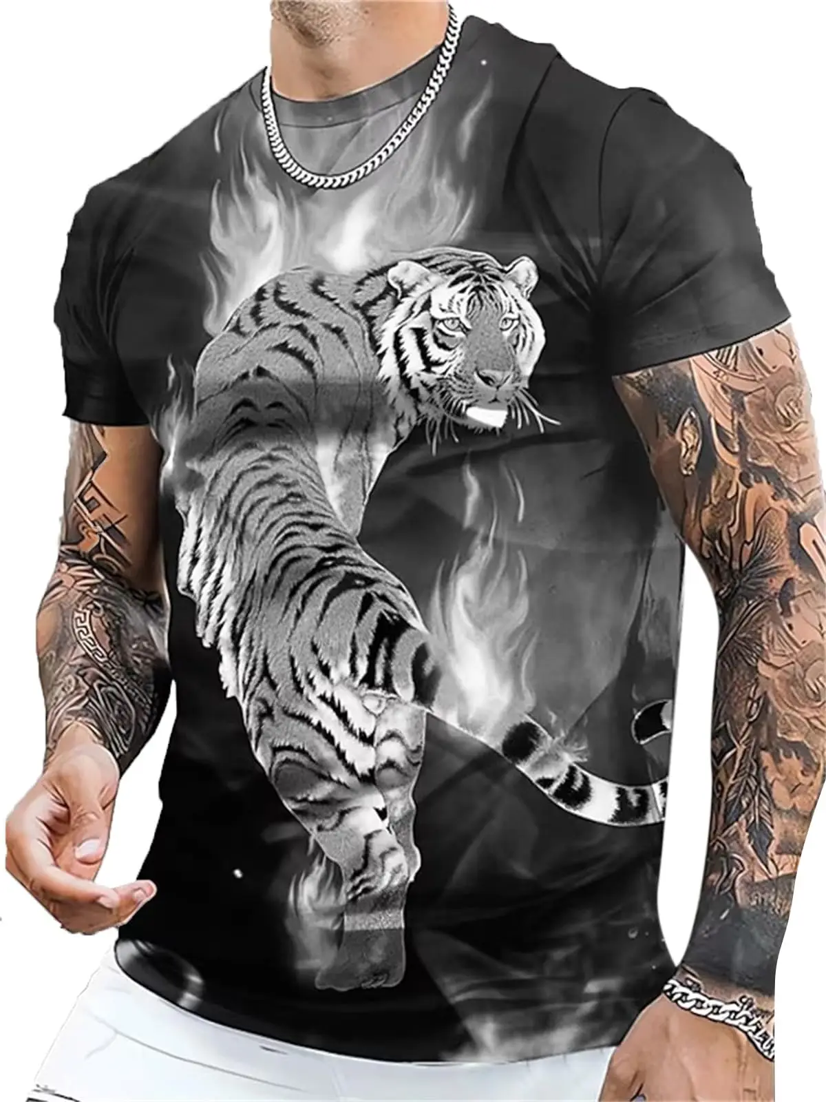 Men's T-shirt 3D fierce tiger print short-sleeved T-shirt daily wear trendy hip-hop print fashion casual round neck T-shirt